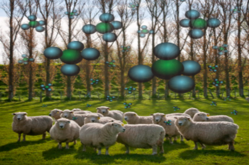 Methane CH4 molecules vacate sheep.